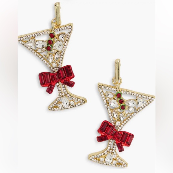 BaubleBar Jewelry - NWT BaubleBar Martini Cocktail Earrings Gold Crystal Red Bow Festive Statement